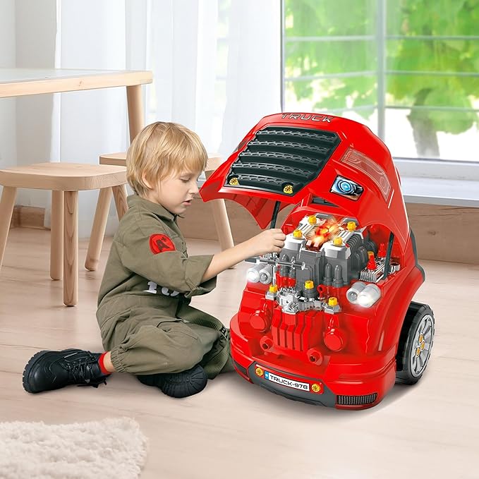 Qaba Truck Engine Toy, Kids Mechanic Set with Lights, Sounds, Steering Wheel and Horn, Pretend Car Service Station Play with 61-Piece Included, Toy Engine Building Kit for Kids Aged 3+, Red