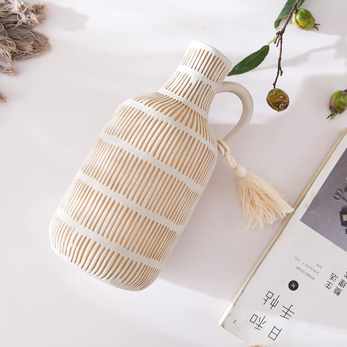 Mowtanco Farmhouse Vase with Handle and Tassel, Grey Yellow Vertical Stripes Design Clay Vase 10'' Tall - Ceramic Flower Vase for Rustic Home Decor, for Fireplace Kitchen Living Room Centerpieces