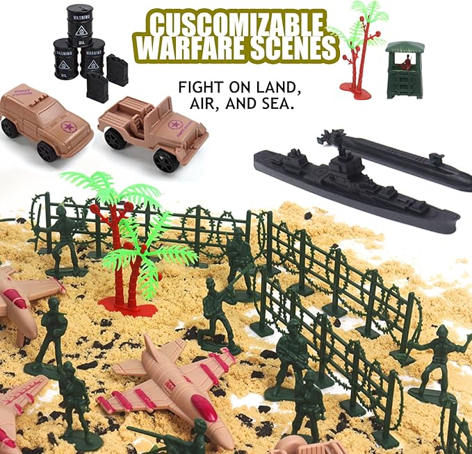 Army Men Playset Toy for Boys with Battle Mat, 308Pcs Military Toys Soldiers, Plastic Army Men Action Figures and Military Weapons, Guns Toys for Age Boys 4 8 12