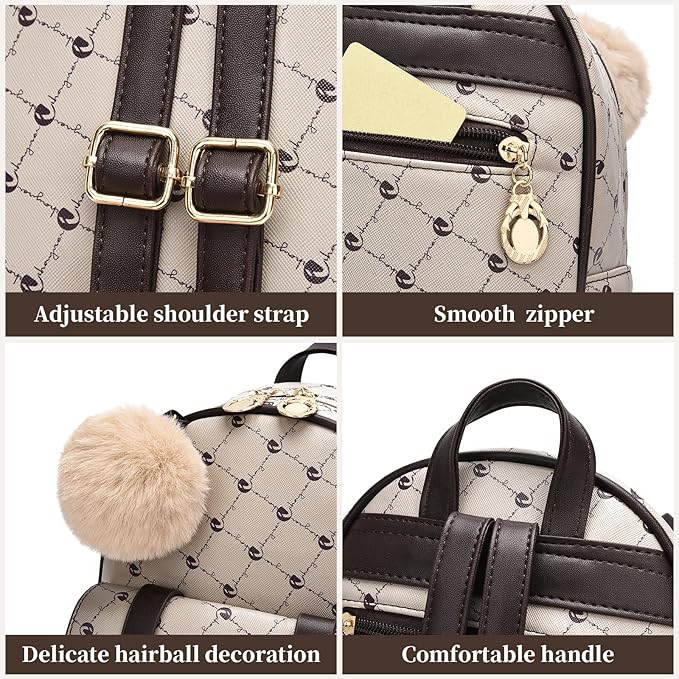 I IHAYNER Girls Fashion Backpack Mini Backpack Purse for Women Teenage Girls Purses PU Leather Pompom Backpack Shoulder Bag