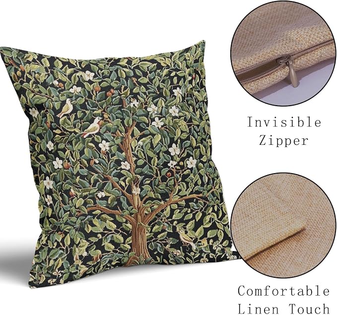 Green Tree Pillow Covers 20X20 Inch Set of 2 Watercolor Forest Bird Floral leaves Decorative Pillow Cases Spring Vintage Leaf Flower Cotton Linen Cushion Case Farmhouse Home Decor For Sofa Couch