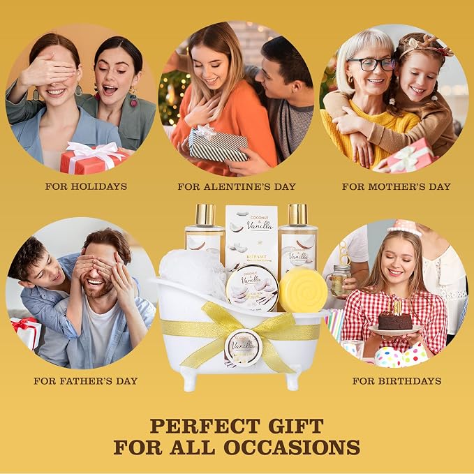 Spa Gifts for Women & Men Coconut Vanilla Bath & Body Self Care Gift Basket | Perfect Gifts Mom, Birthday Gift, All Occasion Holiday Present Spa Gift Basket for Women & Men Pamper Kit- 8-Piece Bath Kit