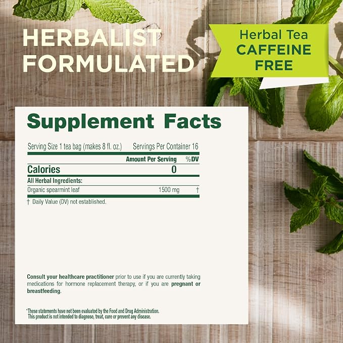 Traditional Medicinals Organic, Spearmint Tea - Supports Everyday Wellness, Healthy & Refreshing - Kosher, Non-GMO, Caffeine-Free, Compostable - 16 Tea Bags