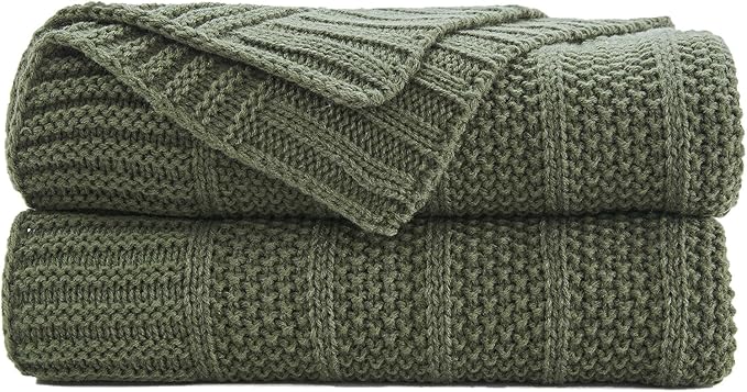 Douceur Olive Green Throw Blanket for Couch, Soft Cozy Lightweight Stripe Pattern Knitted Throw Blanket for Sofa, Living Room Gift, 50"X60"
