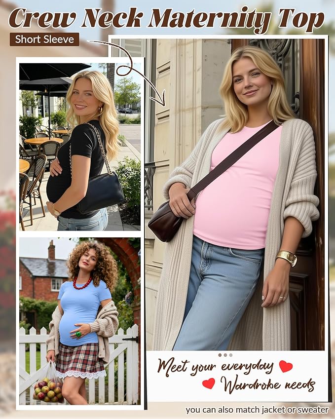 Huukeay 4 Pack Women's Maternity Shirts, Crew Neck Maternity Top Short Sleeve Casual Cotton Tee Side Ruched Pregnancy Clothes