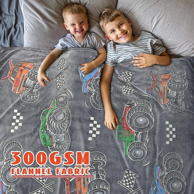 ORDM Glow in The Dark Blanket for Boys Truck Throw Blanket Car Toys Unique Gifts for Kids Glowing Cartoon Tractor Blankets Excavators Room Decor Blankets 60"×80"