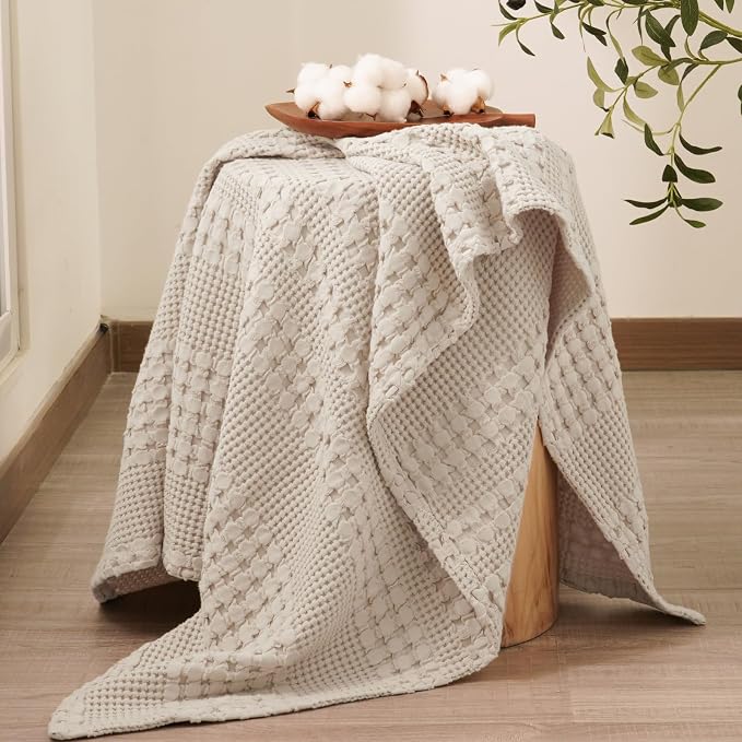 PHF 100% Cotton Waffle Weave Throw Blanket, Lightweight Breathable Summer Blanket for Couch Sofa, Pre-Washed Soft Throws for Bed, Office, Travel & Stylish Home Decor, 50"x60", Light Taupe/Oatmeal