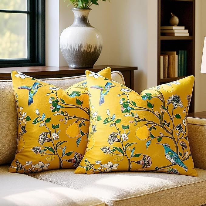 MUSSEL Yellow Velvet Floral Decorative 16x16 Pillow Covers Set of 2 | Soft Durable and Sturdy,Bird Plant,Throw Pillows Case,Square,Colorful Farmhouse Cushion Covers,Home Sofa Bed Couch Decor