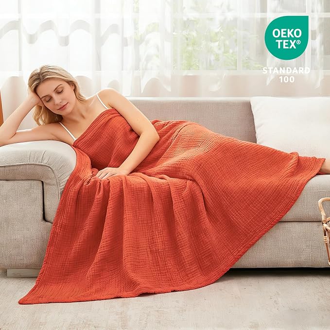 EMME Cotton Muslin Queen Blanket Bed Layering Bedspread Coverlet Breathable Gauze Soft Lightweight Adults (Heather Orange Rust, 90"x90")
