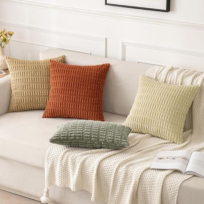 MIULEE Lumbar Corduroy Decorative Throw Pillow Covers 12x20 Light Olive | Green Pack of 2 Soft Boho Striped Pillow Covers Modern Farmhouse Home Decor For Sofa Living Room Couch Bed