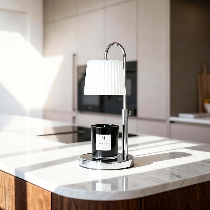 Candle & Warmer Set – 8.5 oz Coconut Blend Luxury Candle + Hand Blown Glass Lamp Warmer | Modern Self-Care Gift Set | Flameless Aromatherapy (Chrome, Sage Noir)