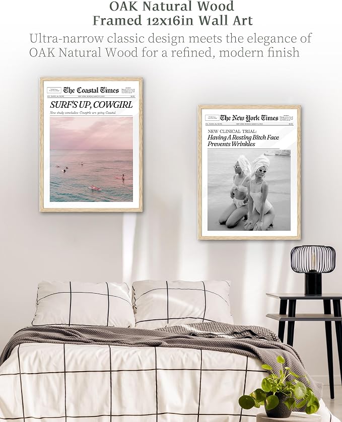 iHery 12x16in Funny Beach Girls Framed Newspaper Wall Art | Natural OAK Wood Frame with Canvas Print, Retro Magazine Decor for Bathroom, Bedroom, Girl Dorm, Living Room 1Pack
