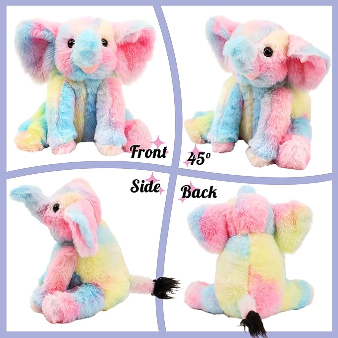 Hopearl Adorable Plush Calf Elephant Toy Floppy Elephish Ultra Soft Stuffed Animal for Boys Girls Kids Toddlers, Rainbow, 9''