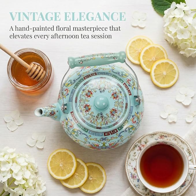 Pumtus 2.6 Quart Floral Enamel Tea Kettle, Vintage Enameled Teapot Stovetop, Enamel on Steel Water Coffee Tea Pot with Ceramic Handle, Colorful Hot Water Kettle for Home Kitchen Decor, No Whistling