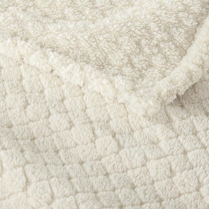 Exclusivo Mezcla Soft Fleece Queen Size Blanket for Bed, Ivory | Jacquard Lightweight Cozy Bed Blanket, Breathable Decorative Fuzzy Textured All Season Use, 90x90 Inches
