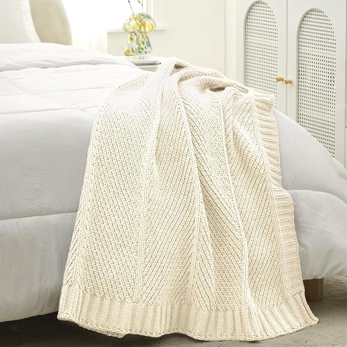 Knit Throw Blanket, Soft Chenille Cozy Breathable Chevron Chunky Decorative Blanket for Couch, Bed & Sofa, French-Inspired Lightweight Warm Gift for Women, Ivory, 50"x60"