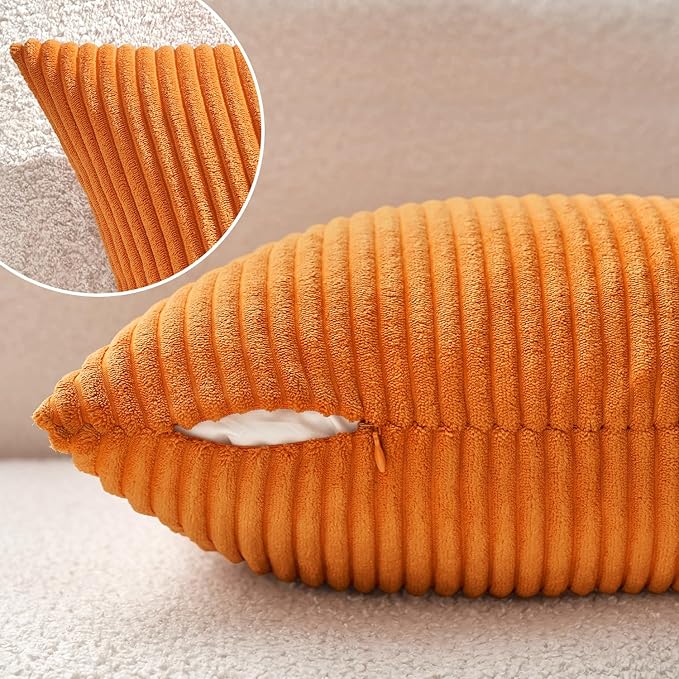 MIULEE Fall Decorative Corduroy Throw Pillow Covers Set of 2 14x14 Orange | Soft Striped Textured Cushion Cases, Boho Energetic Vibe Pillowcases for Home Decor, for Couch Chair Sofa Bed Living Room