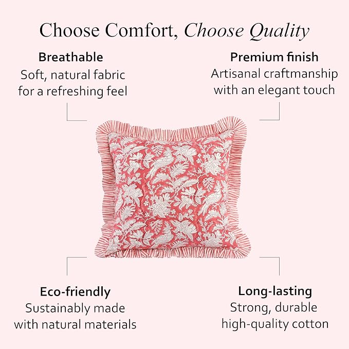 CPC Block Print Ruffle Throw Cover Pink Coral 16"x16" Inch Pack of 2-100% Cotton Ruffle Couch Decorative Boho Pillows Case for Living Room, Bedroom, Sofa, Farmhouse Gift for Spring, Mother's Day