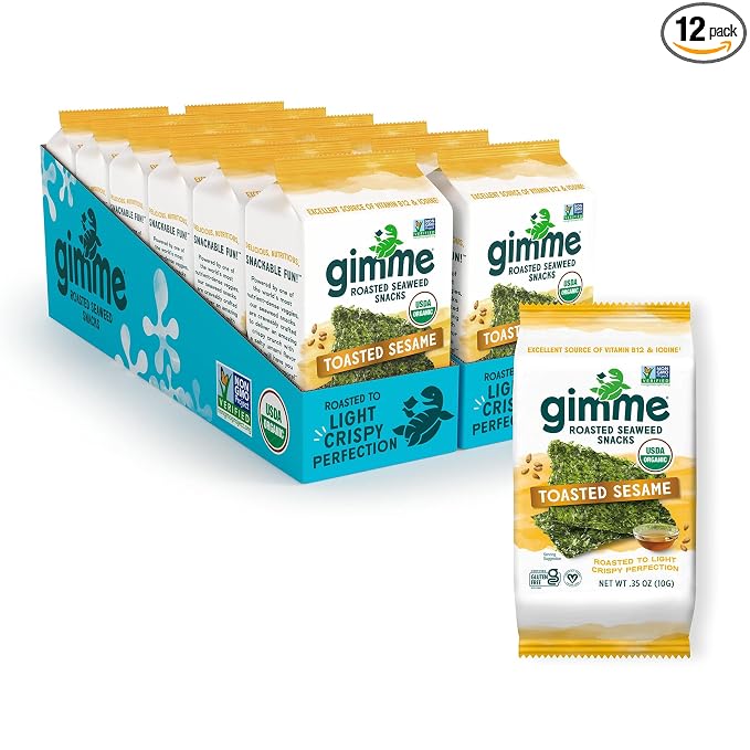 Gimme Seaweed Organic Premium Roasted Seaweed Snacks, Toasted Sesame, 12 Count Sharing Size, Keto, Vegan, Gluten-Free, Great Source of Omega3s and Iodine, Healthy On-The-Go Snack for Kids and Adults