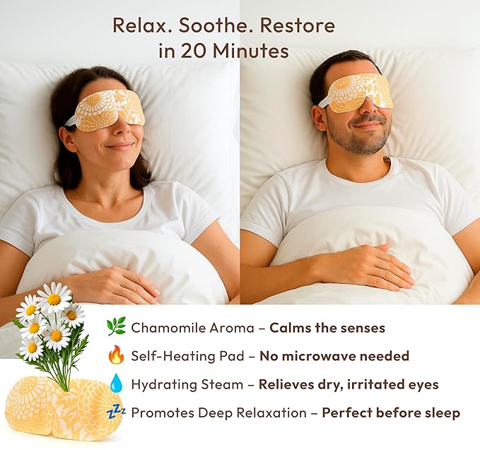 Steam Eye Mask - 16 Pack Chamomile Self-Heating Warm Compress for Dry Eyes, Puffy Eyes Relief, Cornea Care, and Relaxation – Soothing & Comfortable Heated Eye Pads