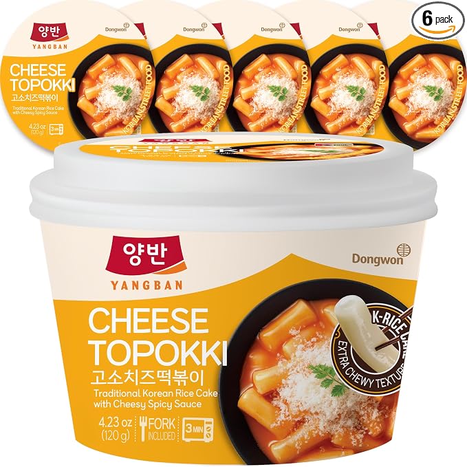 Dongwon Yangban Cheese Tteokbokki Cup, 6-Pack with Forks, Microwave Korean Rice Cakes Ready in 3 Minutes, Mild Cheddar and Parmesan Sauce with Hint of Heat, Kid-Approachable Comfort Snack, 4.23oz (120g)