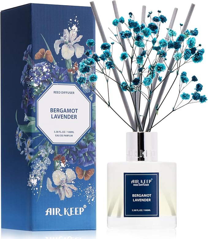 Airkeep Reed Diffuser Set,3.38 fl oz (100 ml) - Bergamot Lavender Oil Diffusers with 8 Reed Sticks, Home Fragrance Reed Diffuser for Bathroom Shelf Decor