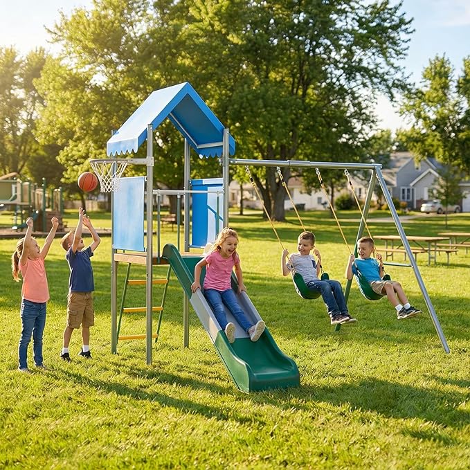 Heavy Duty Kids Outdoor Playset: Dual Swings, Slide & Basketball Hoop – Galvanized Steel, Safe & Durable – for Backyard/Garden – Blue