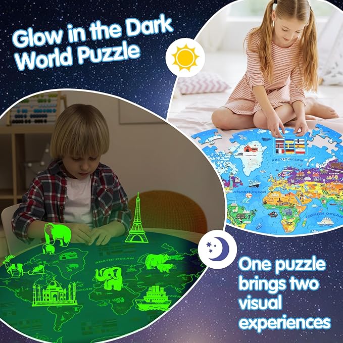 Glow in The Dark World Map Puzzles for Kids 4-6, 70 Pieces Large Globe Floor Puzzles for Kids Ages 6-8 Continents Geography Puzzle Educational Learning Toys for Children