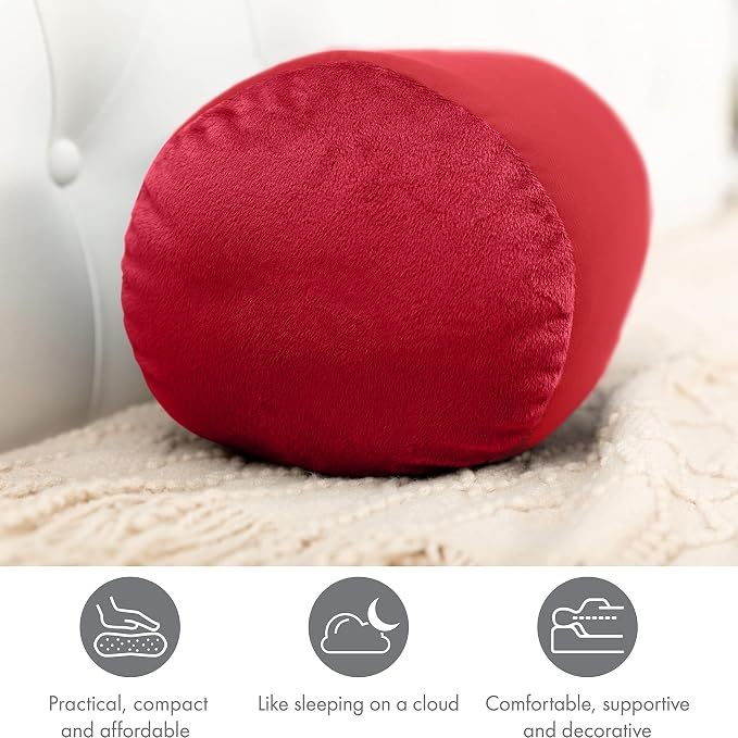 PILLOWY Microbead Bolster Neck Roll Pillow, Gently On Body, Head, Neck & Shoulders No Pain Rest, Relax Sleep - Silky Feel Prevent Wrinkles & Hair Breakage - Lightweight Cylinder, 14" x 8", Deep Red