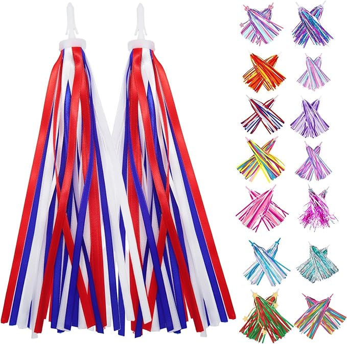 PLATT Kid's Bicycle Handlebar Streamers Colorful Ribbons Tassel for Girls Boys Bicycle Handlebar Scooter Handgrip (1Pair) (Red+White+Blue)