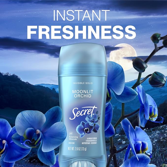Secret Fresh Antiperspirant Deodorant for Women, 72hr Breathable Sweat & Odor Protection, Instant Freshness & Gentle, PH Balancing Minerals, Invisible Solid, Moonlight Orchid Scent, 2.6 oz,(Pack of 2)