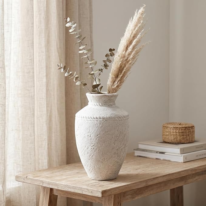 White Ceramic Flower Vase Home Decor 10 Inch Rustic Farmhouse Vase Decorative Pottery Terracotta Vases for Pampas Grass Dining Table Living Room Shelf Kitchen Bedroom Decor
