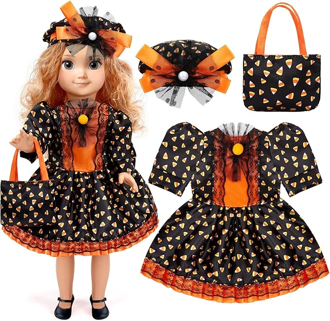 JANYUN 18 Inch Doll Clothes Accessories Halloween Witch Costume Candy Corn Suit Set with Witch Hat Candy Bag for Doll Halloween Costumes Gifts