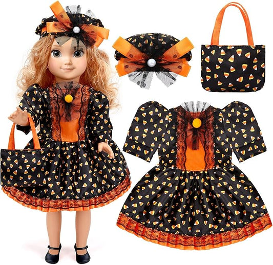 JANYUN 18 Inch Doll Clothes Accessories Halloween Witch Costume Candy Corn Suit Set with Witch Hat Candy Bag for Doll Halloween Costumes Gifts
