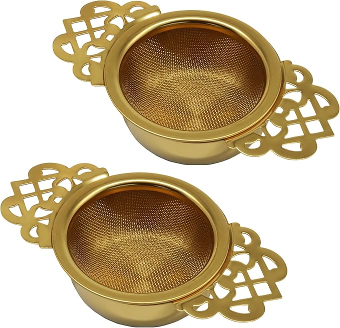 2 Pcs Tea Strainer Bowl, Stainless Steel Loose Leaf Tea Filter for Easy Brewing and Cleaning, Design Fits Most Standard Cups (Gold)