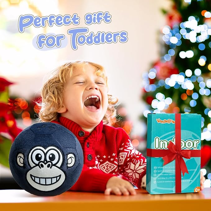 VangeBow Silent Indoor Soccer Balls for Toddlers 1-3, Inflatable Soft Plush Baby Toddler Soccer Ball Toys Gifts for 1 2 3 4 5 Year Old Boy Girl First Birthday Gift (Monkey, Pump Include)