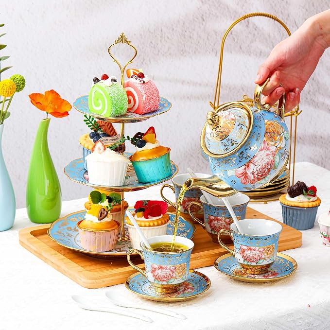 Maxcheck 21 Pcs Porcelain Tea Set for Women Tea Party with Metal Holder and 3 Tier Cake Stand Ceramic European Floral Teapot Set for Adults Mother's Day Christmas Thoughtful Gift(Advanced Style)