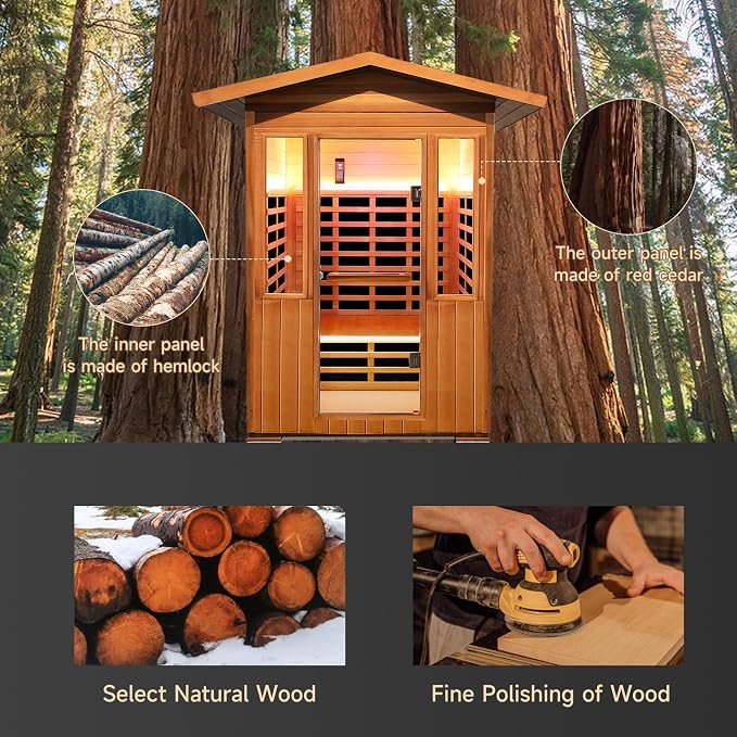 Outdoor Sauna 2 Person 1800W/110V Low EMF Dry Sauna Infrared Sauna for Home Inner Board Hemlock Wood/Outer Board Red Cedar, 8 Heating Panels with LCD Control Panel/Speaker and Tempered Glass Door