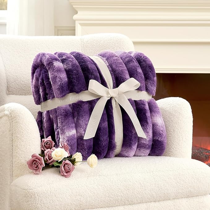 Cozy Bliss Faux Fur Throw Blanket for Couch, Cozy Warm Plush Striped Blanket for Sofa Bedroom Living Room, 50 * 60 Inches Tie-dye Purple