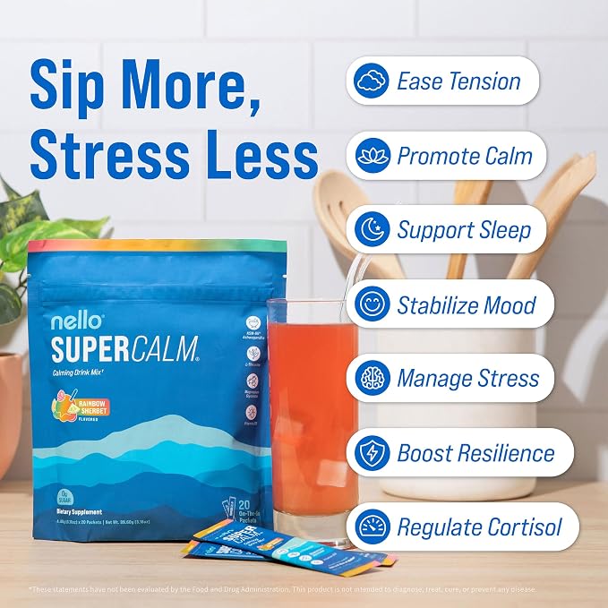 Nello Supercalm Powdered Drink Mix, Cortisol Reducer and Sleep Aid Supplement, L Theanine, Ksm-66 Ashwagandha, Magnesium Glycinate, Vitamin D 3, No Sugar, Non GMO, On The Go, 20 Ct, Rainbow Sherbet