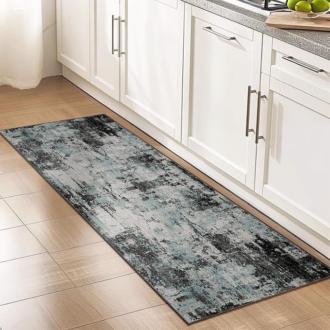RELEANY Washable Runner 2'x6' Abstract Area Rug for Hallway Teal Black | carpet for kitchen, entryway, bathroom, living room, bedroom, printed pattern, non-slip, soft, stain-resistant, easy to clean