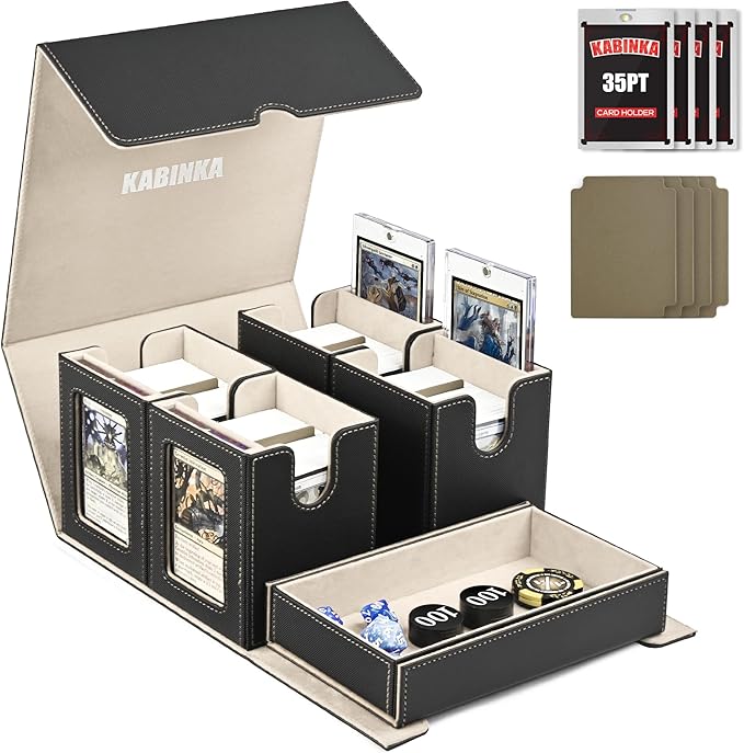 Kabinka Card Deck Box for MTG Commander, Holds 400+ Double-Sleeved Cards, 5 IN 1 Detachable Card Case with Dice Tray, Fits Magic/TCG Cards, 4 Magnetic Card Holders & Dividers (Black Gold)