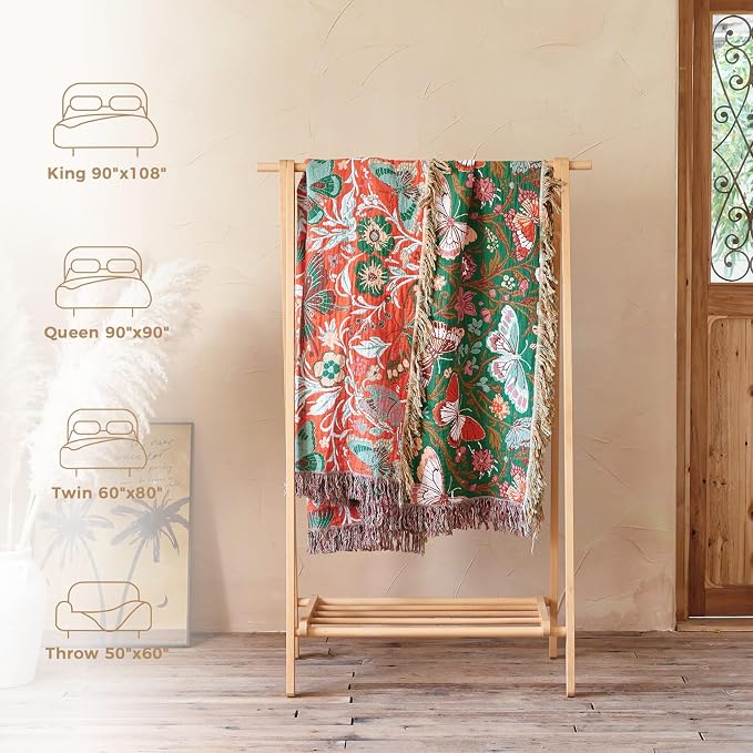 LUTBM Boho Throw Blanket for Couch 50"x60", Cotton Decorative Bed Throws | Green Reversible Floral Butterflies Jacquard, All-Season Lightweight Blankets, For Chair Sofa Bedroom Living Room