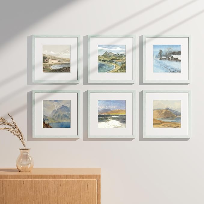 Vittanly 12x12 Picture Frames Set of 9 for Wall Mounting, Vintage Green | Display Pictures 8x8 with Mat or 12x12 without Mat for Wall Mounting, Square Photo Frames for Home Decor, Engineered Wood