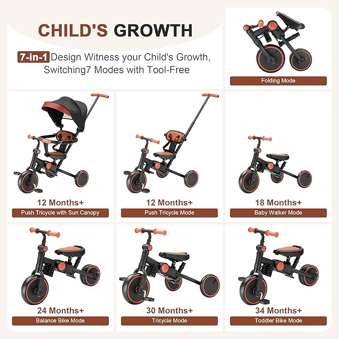 7-in-1 Foldable Baby Tricycle with Removable Canopy – Adjustable Parent Handle, Safety Harness & Wheel Brakes for Toddlers 1-5 Years Old, Balance Bike & Push Trike Gift for Boys & Girls, Black