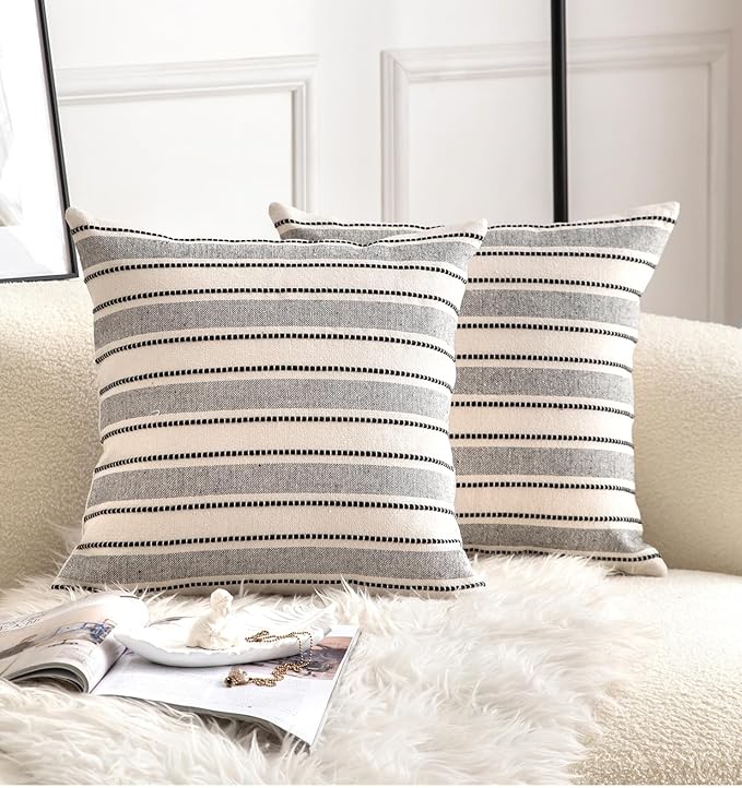 Cethom Decorative Boho Throw Pillow Covers, Farmhouse Textured Pillow Case, 20 x 20 Inch Set of 2, Chair Sofa Bedroom Living Room Home Decor Couch Cushion Case, Black and Beige Striped