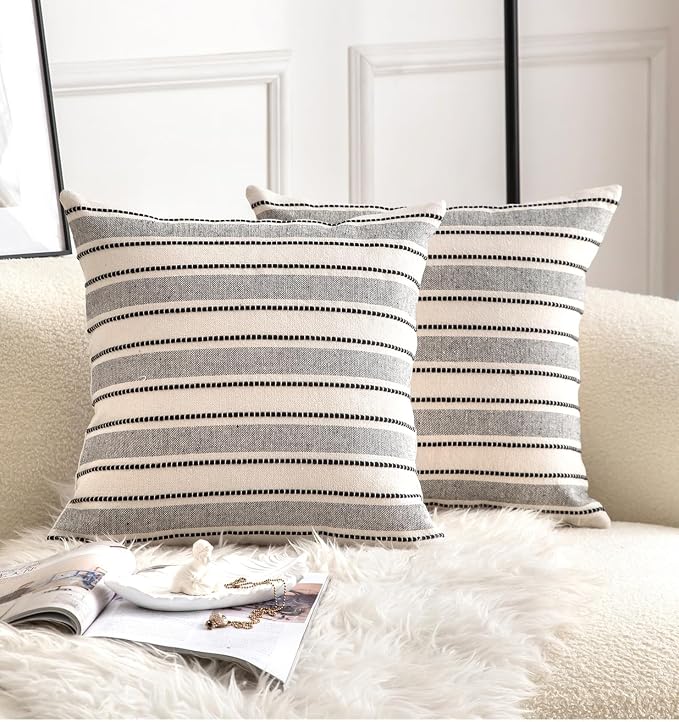 Cethom Decorative Boho Throw Pillow Covers, Farmhouse Textured Pillow Case, 18 x 18 Inch Set of 2, Chair Sofa Bedroom Living Room Home Decor Couch Cushion Case, Black and Beige Striped