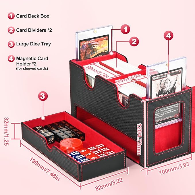 UAONO Card Deck Box for MTG, Double Card Storage Box with 2 Commander Display & 1 Dice Tray, Fits 200+ Double Sleeved Cards, Card Organizer for CCG TCG Sports Cards (Black Red)