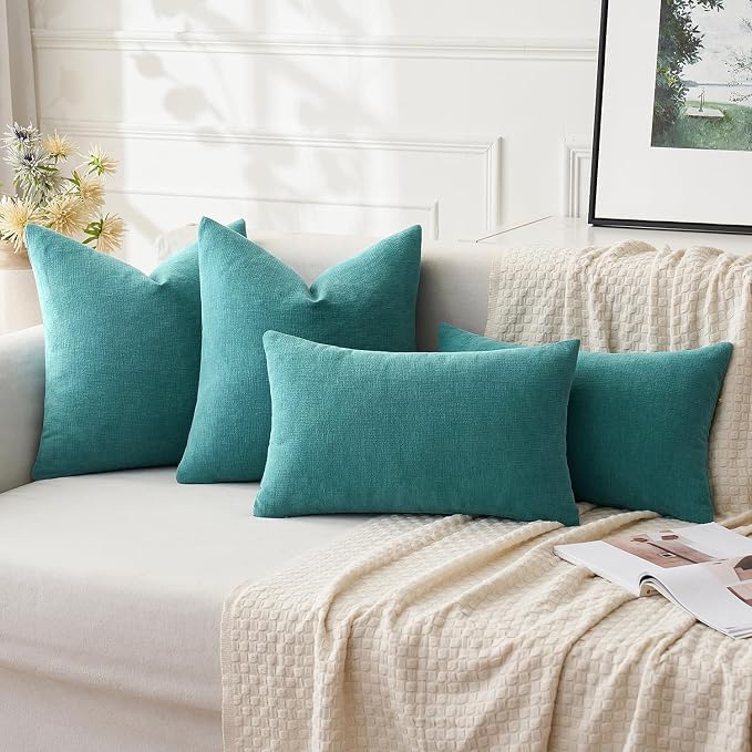 MIULEE Teal Chenille Couch Throw Pillow Covers, 20x20 | Set of 2, Soft Coastal Home Decor, Modern Farmhouse Decorative Pillowcases for Sofa Living Room Bed