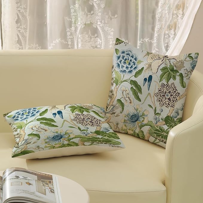 Baby Blue Green Pillow Covers 18x18 Inch Set of 2 Vintage Blue Floral Throw Pillows Chinoiserie Flower Decorative Pillow Case Outdoor Linen Farmhouse Cushion Cover for Couch Sofa Decorations